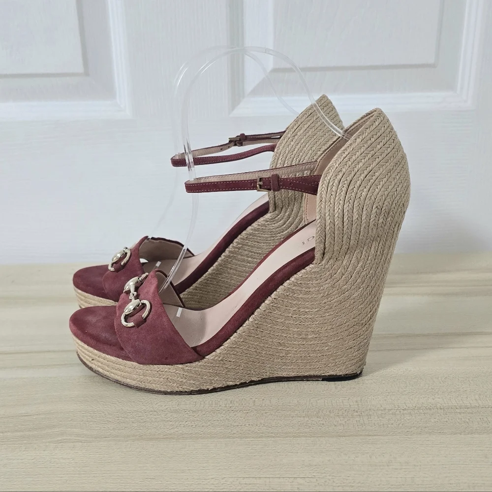 Gucci Horsebit Suede Wedge Espadrille Sandals In Dry Rose Size EU40/US9.5 - Picture 8 of 15